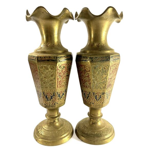 Other - Vintage Indian Brass Enamel Vases 9.5” Pair Hand Etched Floral Boho